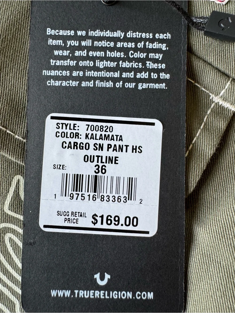 True Religion Olive Green White Stitch Cargo Pants Mens Labeled 36 “ actual 40”